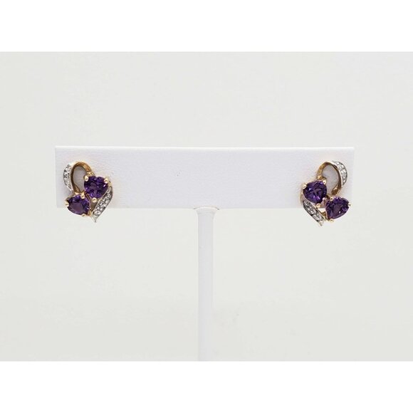 Heart-Themed Amethyst & Diamond Accent Openwork Stud Earrings 10k Gold - Picture 1 of 5